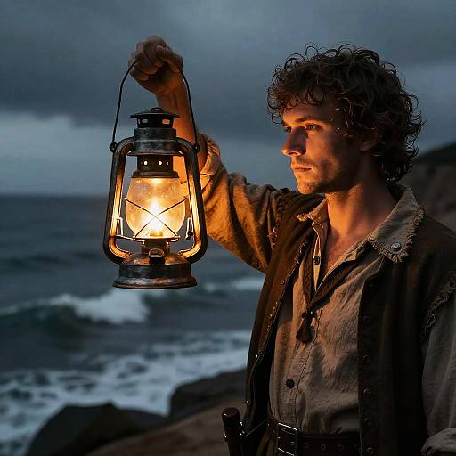 Illuminated Lantern in Coastal Adventure