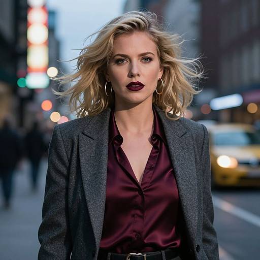 Photograph of a blonde woman with wavy hair, wearing a maroon silk blouse and gray blazer, standing on a busy city street at dusk