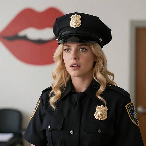 Surprised Blonde Officer in Artistic Setting
