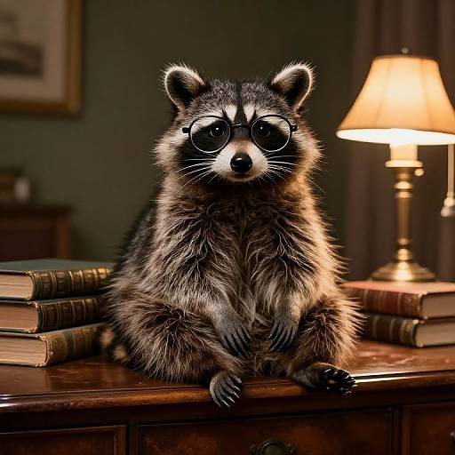 Photograph of a realistic, furry raccoon with large black glasses, sitting on a wooden desk with books and a lit lamp.