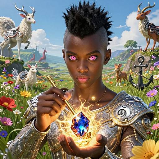 Digital art: Dark-skinned, spiked-haired warrior with glowing pink eyes, holding fiery blue crystal, wearing ornate silver armor, in vibrant meadow