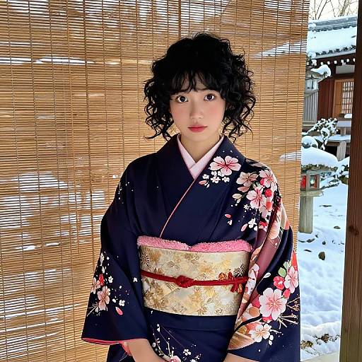 Photograph of an Asian woman with curly black hair, wearing a black floral kimono with pink and white accents, standing in front of a bamboo blind