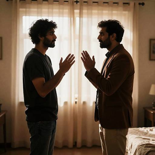 Two Men in Dimly Lit Room Scene