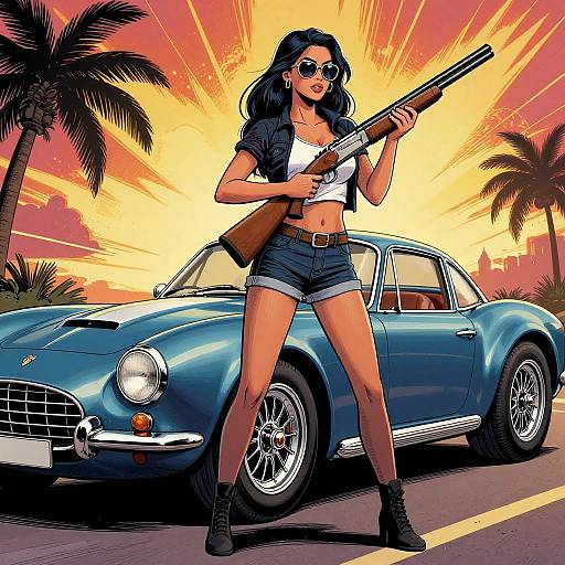 Digital artwork of a confident woman with dark hair, sunglasses, white crop top, denim shorts, black boots, and a rifle, standing in front of