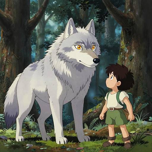 Digital anime-style drawing of a young boy with black hair and green shorts standing beside a large white wolf in a dense forest.
