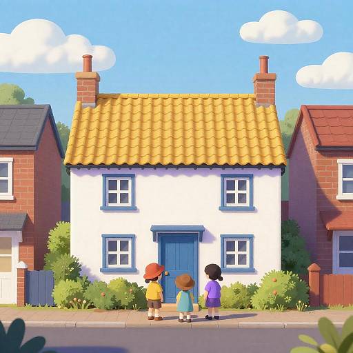 Charming Cottage with Children Illustration