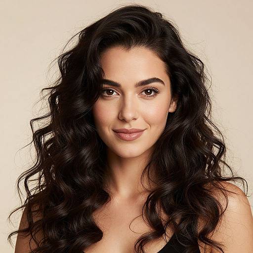 Photograph of a smiling woman with long, wavy, dark brown hair, fair skin, and brown eyes, against a plain white background.