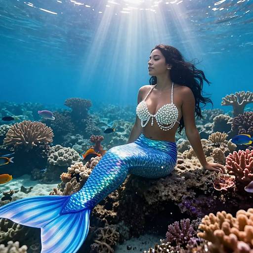 Photograph of a beautiful mermaid with long black hair, blue iridescent scales, and a seashell bra, sitting on a colorful coral