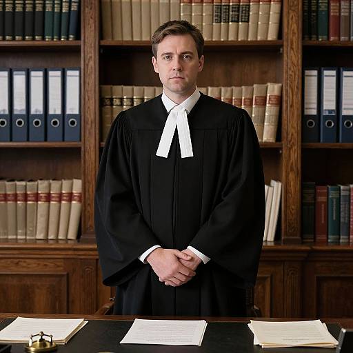 Serious Judge in Wood-paneled Library