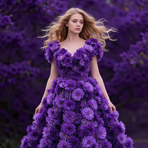 Photograph of a blonde woman in a vibrant purple floral dress, surrounded by purple flowers, set against a deep purple forest background.