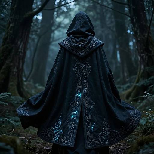 Mysterious figure in dark, hooded cloak with glowing blue runes stands in a dense, moonlit forest, evoking a fantasy atmosphere.