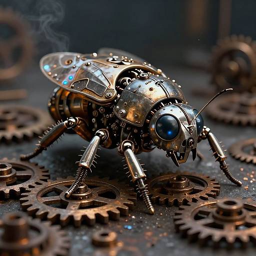 Steampunk-style, metallic, robotic fly with blue eyes and transparent wings, standing on interlocking copper gears, emitting a slight smoke, in a
