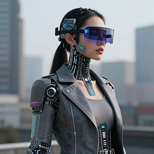 CGI image of a cyberpunk woman with black hair, futuristic visor, and cybernetic enhancements, wearing a gray leather jacket, against a