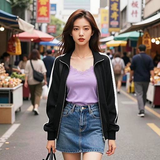 Photograph of an Asian woman with long black hair, wearing a black jacket, white lace-trimmed top, and blue denim skirt, walking through