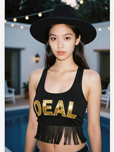 Photograph of an Asian woman with long black hair, wearing a black hat, black fringed tank top with 