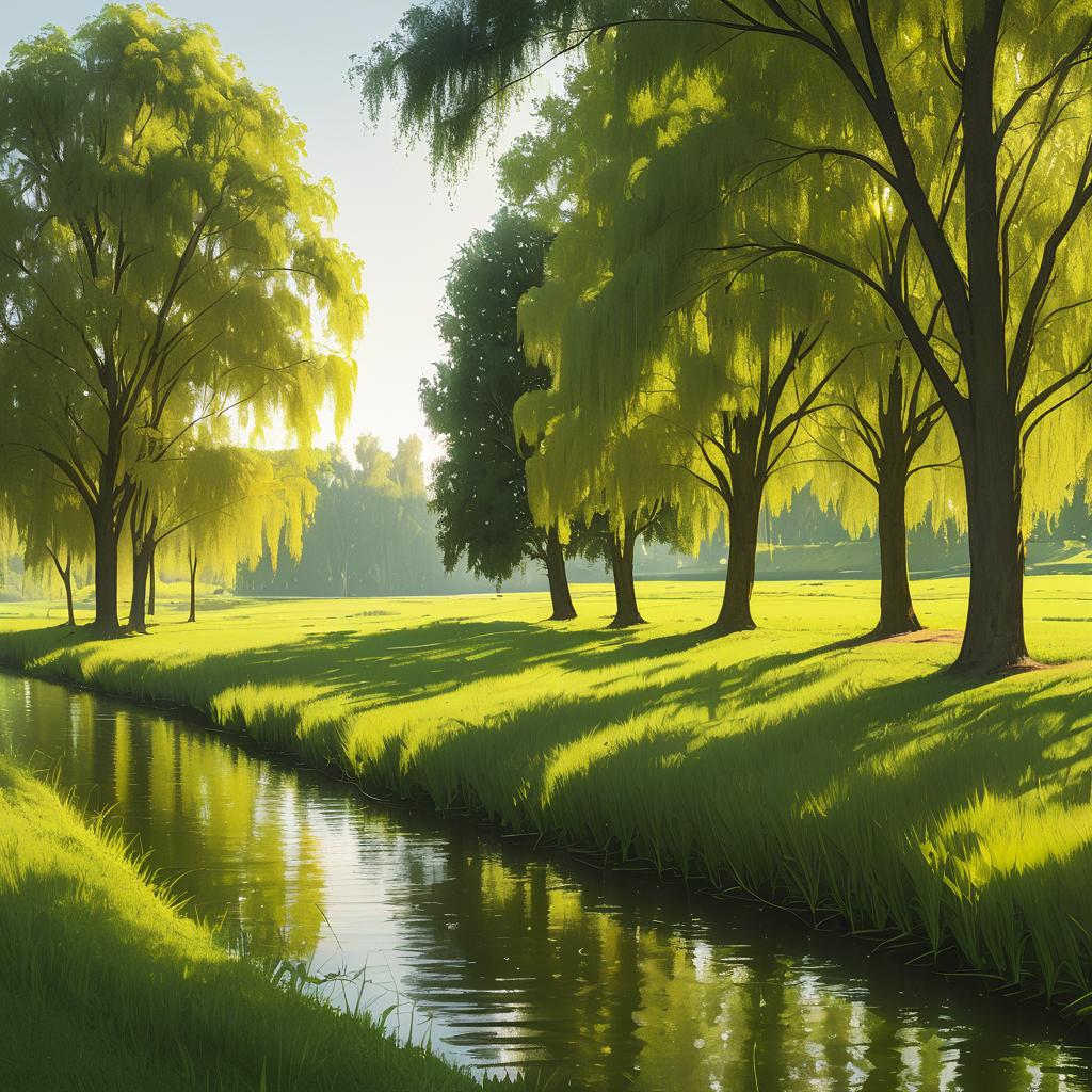 Serene Willow-Lined Riverbank Landscape