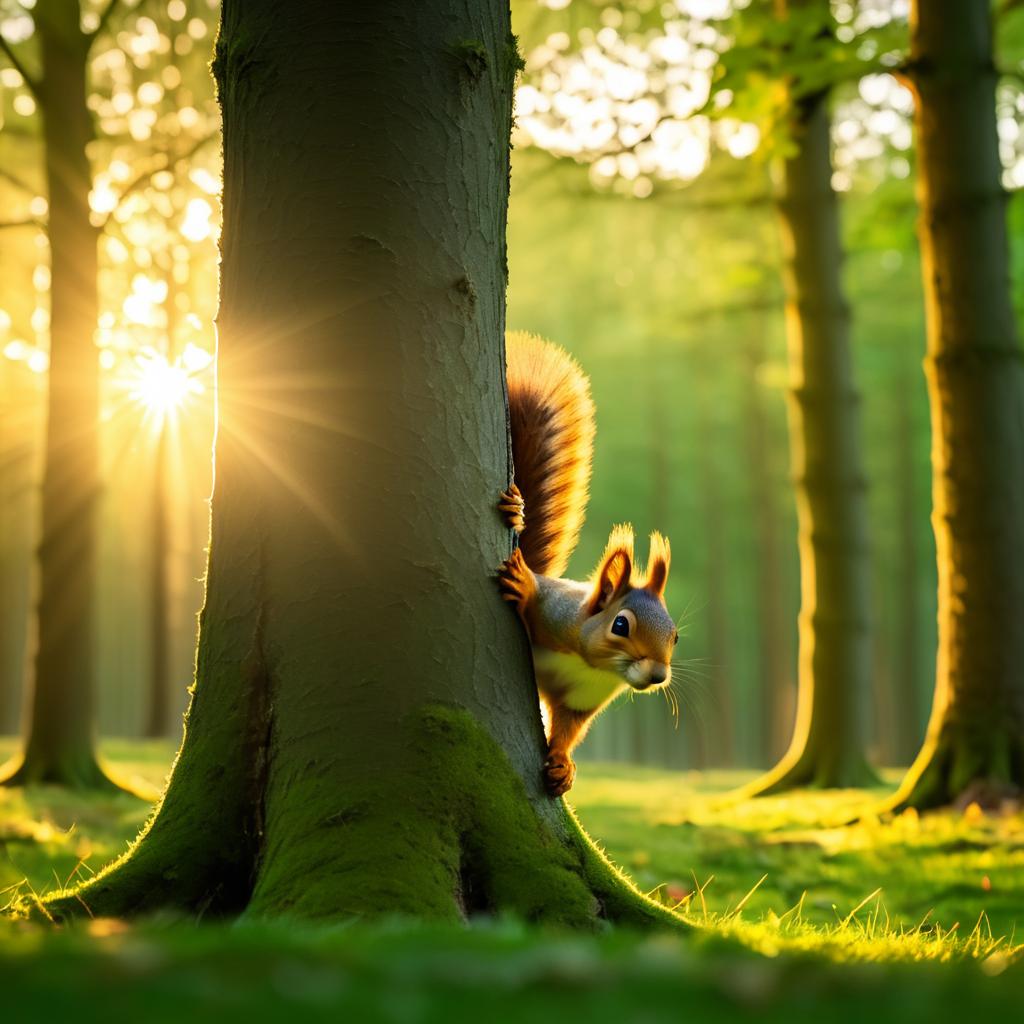 Squirrel Climbing Tree at Sunset