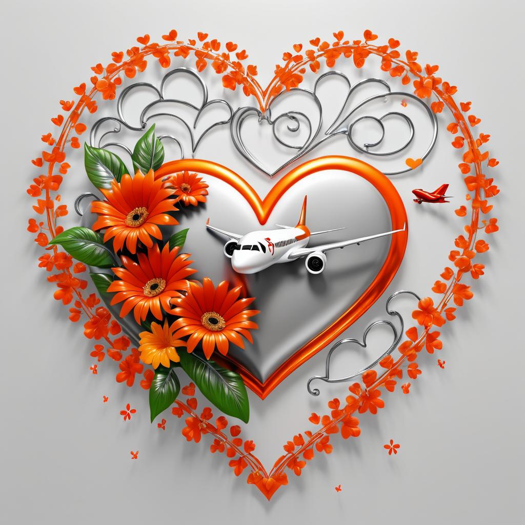 Minimalist Heart with Flowers and Airplane