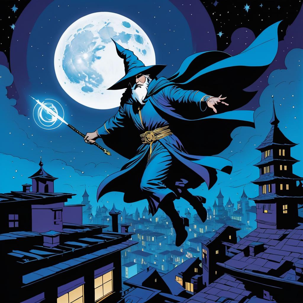 Mystical Wizard in Moonlit Rooftops