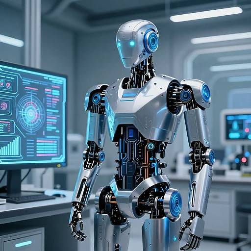 Digital artwork of a shiny, blue-accented humanoid robot standing in a futuristic, tech-filled laboratory with two glowing computer screens.