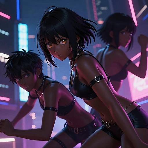 Digital anime artwork of three dark-haired, orange-eyed women in black leather bikinis, neon-lit futuristic city background, dynamic poses, intense expressions.