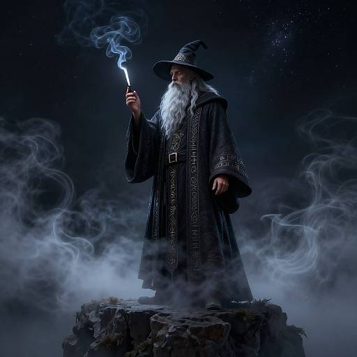 Mystical wizard with long white beard, black ornate robe, and pointed hat, holding glowing blue wand, standing on rocky pedestal surrounded by blue