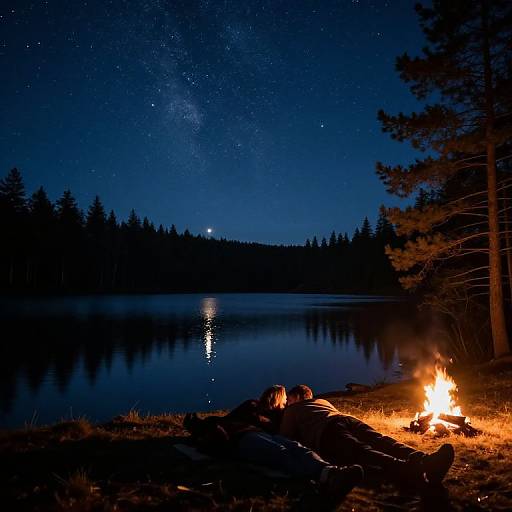 Photograph of a person lying by a campfire by a serene lake at night, with a starry sky and forest reflection.