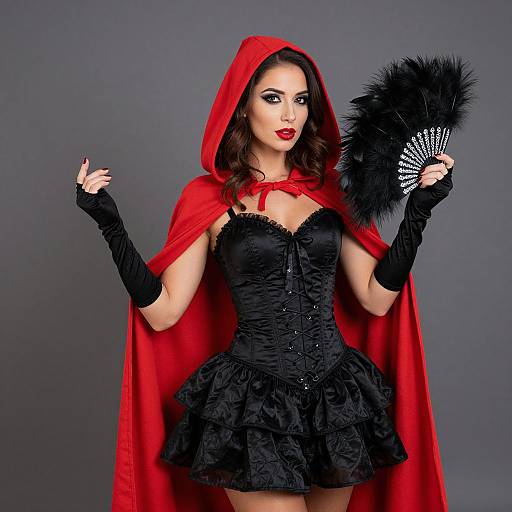 Photograph of a fair-skinned, dark-haired woman in a red hooded cape, black corset, and skirt, holding a black feather fan