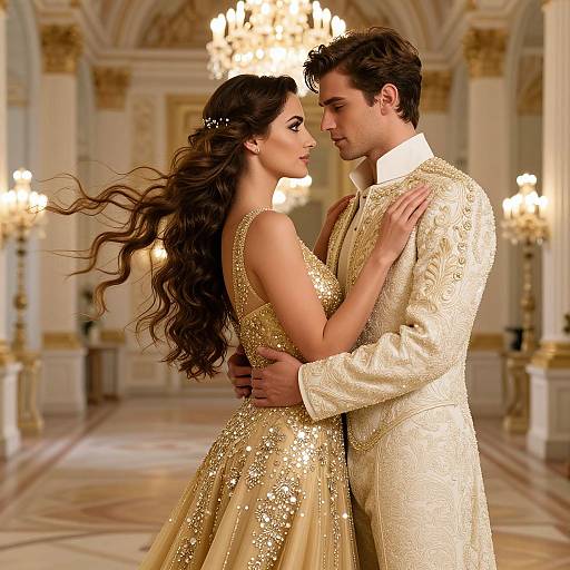 Photograph of a couple in an opulent ballroom, dressed in golden, sequined attire, gazing intimately with chandeliers and ornate