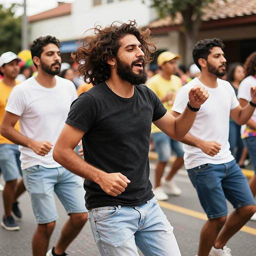 Photograph of a bearded, curly-haired man in a black t-shirt and light blue shorts, running passionately in a street protest with other men in