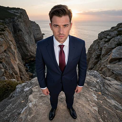 Photograph of a handsome, serious-looking man in a dark suit, red tie, and white shirt, standing on rocky cliffs at sunset.