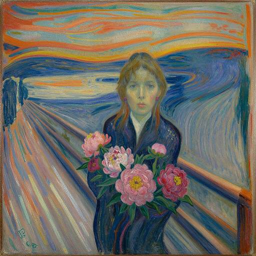 Edvard Munch-style painting: woman with reddish-brown hair, holding pink peonies, standing on a colorful, swirling bridge at sunset