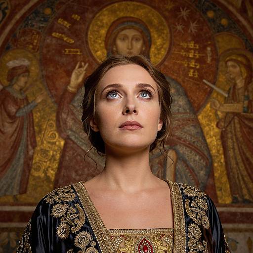 Photograph of a fair-skinned woman with blue eyes and brown hair, wearing an ornate black dress, gazing upwards against a golden Byzantine