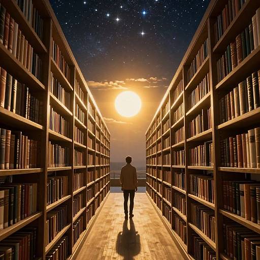 Digital art: Silhouetted person standing in a narrow, illuminated book aisle between towering bookshelves, with a glowing full moon and starry