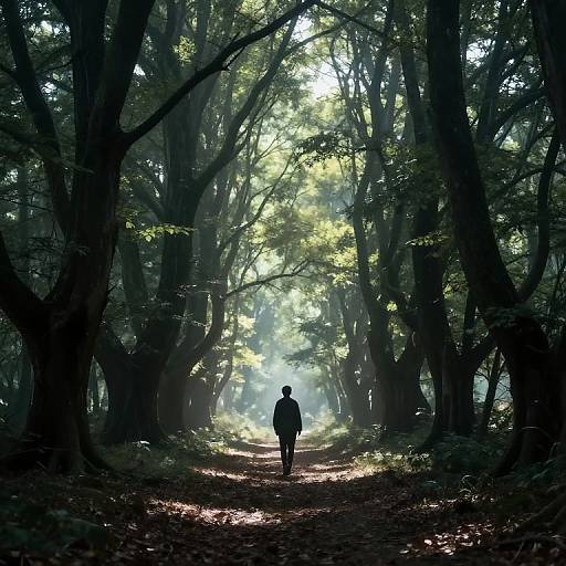 Photograph of a lone, silhouetted figure walking down a sunlit forest path, surrounded by towering trees with dappled light filtering through