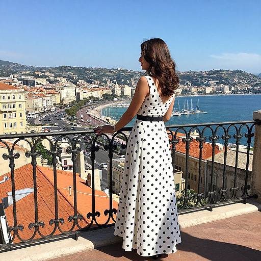 Elegant Woman on Sunlit Coastal Balcony