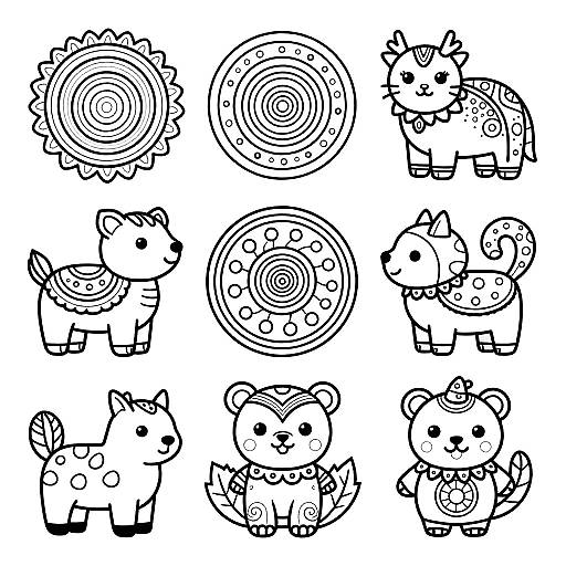 Black-and-white digital doodle of twelve whimsical, cartoon-style animal illustrations, including gears, spirals, and various animal shapes, arranged in a