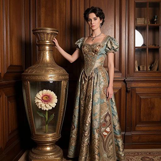 Photograph of a dark-haired woman in an ornate, gold and teal Victorian gown, standing beside a tall, intricately patterned vase with a