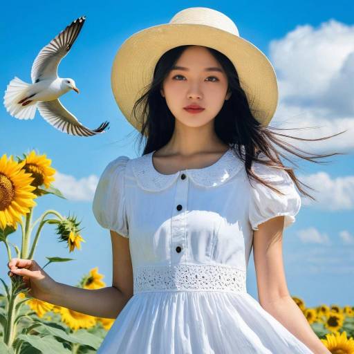 Sunny Beach Girl with Flower Hat