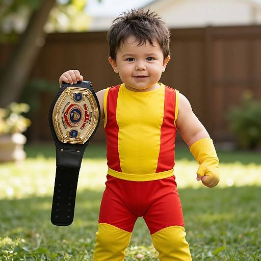 Photograph of a cute toddler with short black hair, wearing a red and yellow wrestling outfit, holding a miniature championship belt in a sunlit backyard.