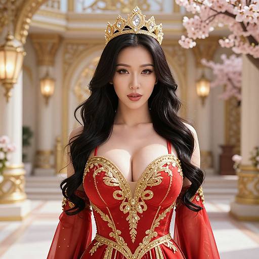 Photorealistic digital artwork of an Asian woman with long black hair, wearing a gold crown, red and gold ornate dress, and large breasts,