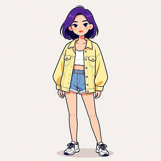 Digital anime-style drawing of a purple-haired girl wearing a yellow jacket, white crop top, high-waisted blue denim shorts, and white sneakers.