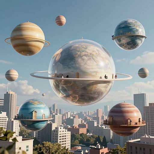 Digital artwork of floating planets with city-like rings, set against a bright blue sky and urban cityscape below. Planets vary in size and color,