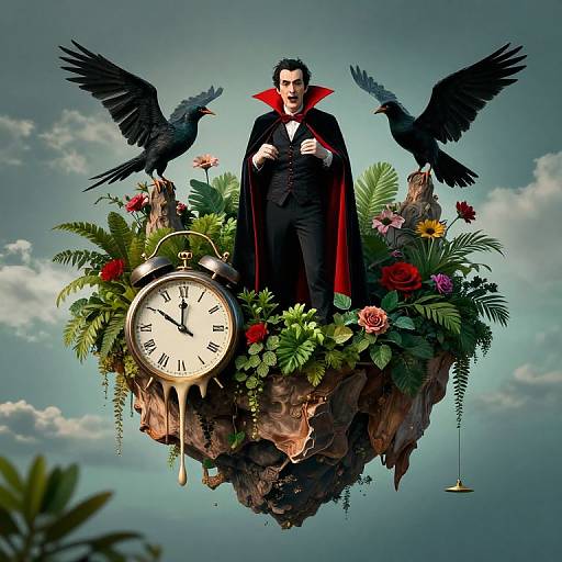 Photorealistic digital art: Vampire with red cape and black suit, flanked by black ravens, stands on floating island with clock, flowers,