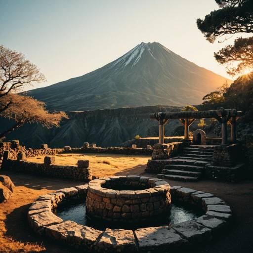 Ancient Volcano and Stone Well at Sunset
