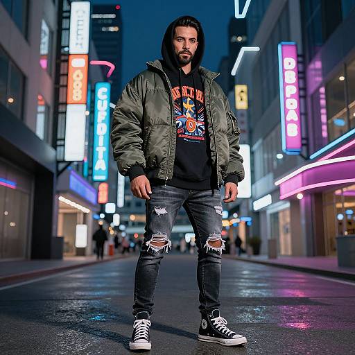 Photograph of a bearded man with long dark hair, wearing a bomber jacket, graphic shirt, ripped jeans, and sneakers, standing in a neon