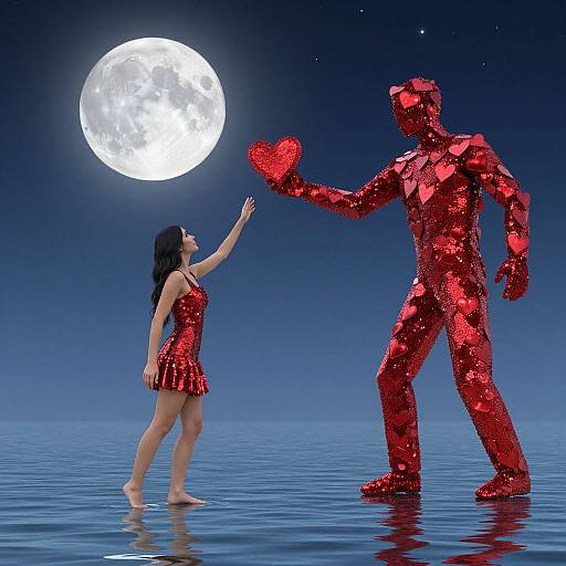 Photograph of a woman in a red sequin dress reaching for a red sequin heart from a red, mirrored male figure under a full moon.