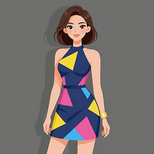 Smiling Woman in Geometric Navy Dress