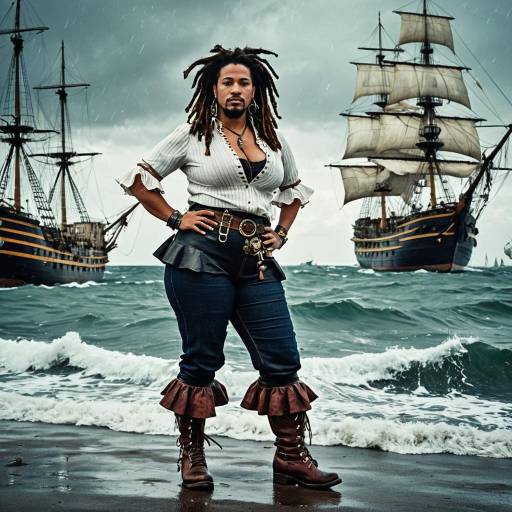 Pirate Woman Standing by Stormy Sea with Historic Ships