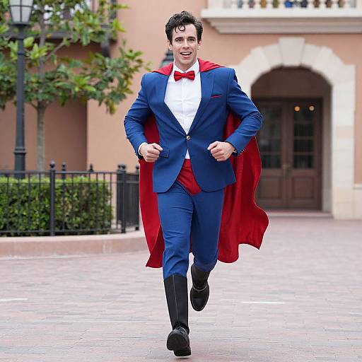 Photograph of a smiling man in a blue suit, red bow tie, white shirt, red cape, and black boots, running outdoors on a pink